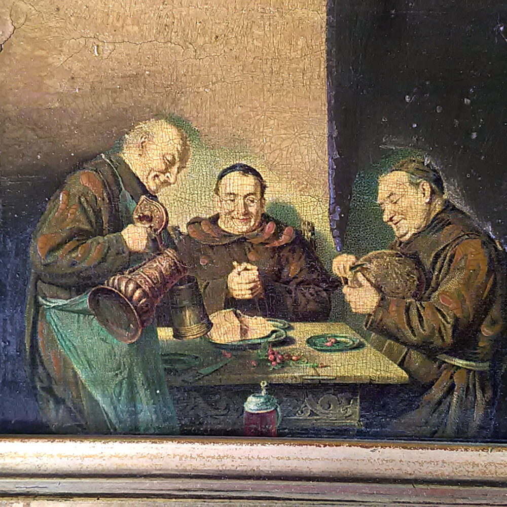 Antique Original German Oil Painting w/ Frame Grutzner School Men/Monks Drinking - Image 5