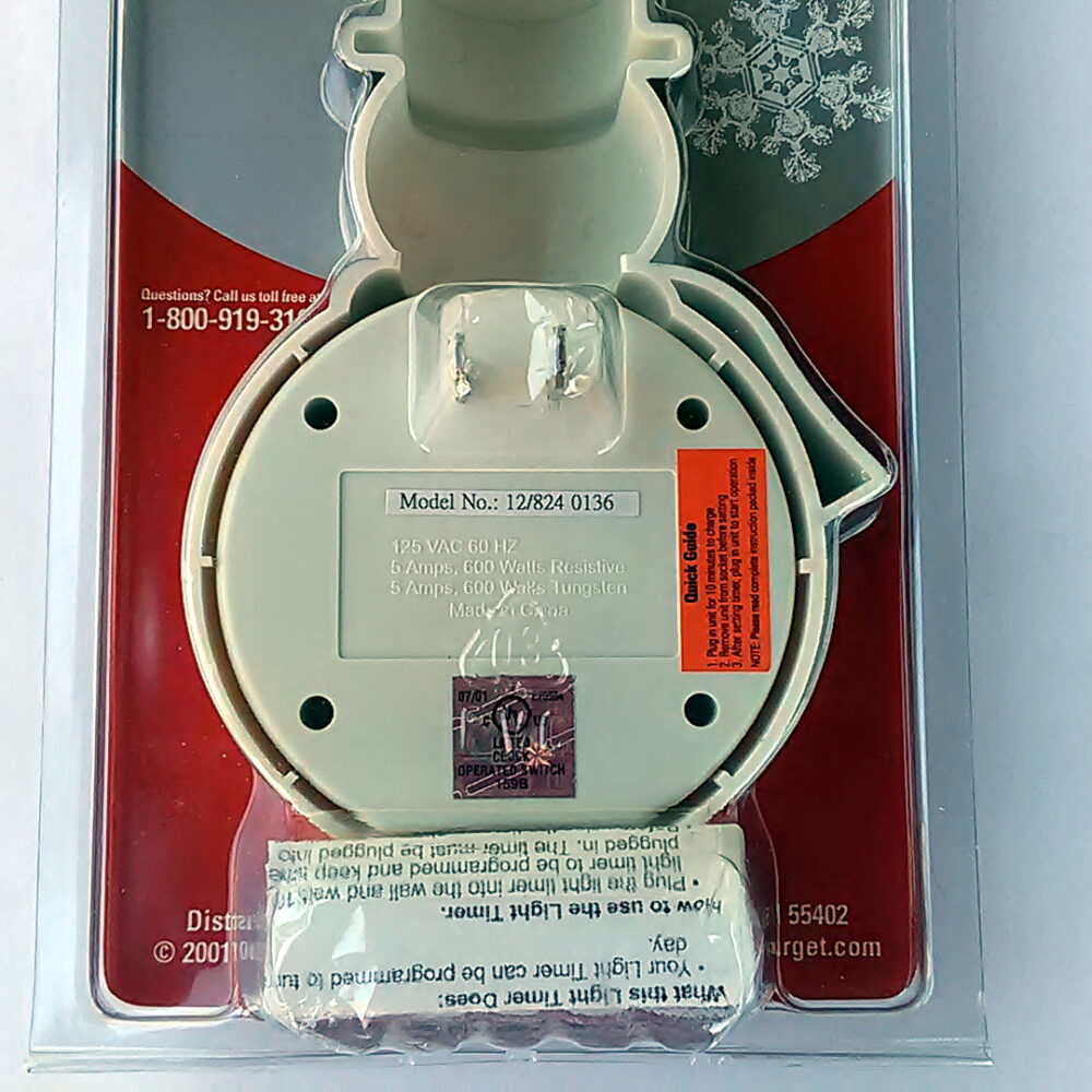 Snowman Novelty Holiday Light Lamp Timer 600 Watt Electric Switch Model 12/824 - Image 3