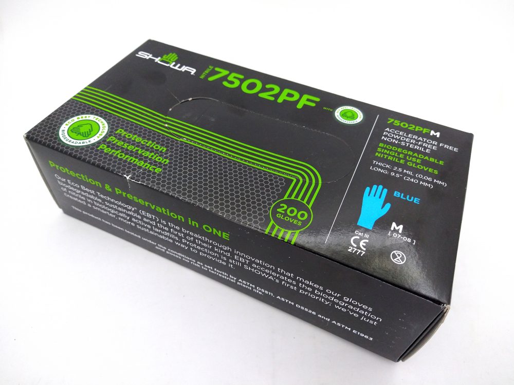 SHOWA 7502PF Biodegradable Disposable Nitrile Powder-Free Safety Glove, Blue, Medium