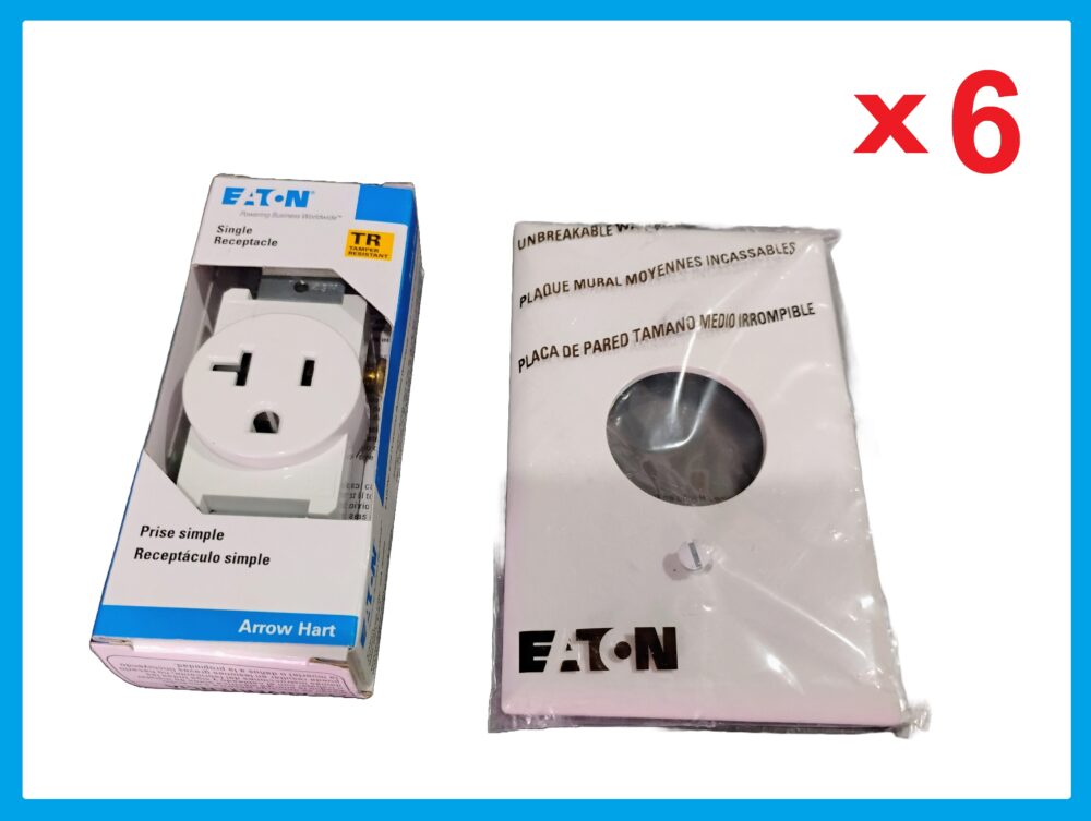 Lot of 6 Eaton TR1877W-Bxsp Single Receptacle 20A White with Plate