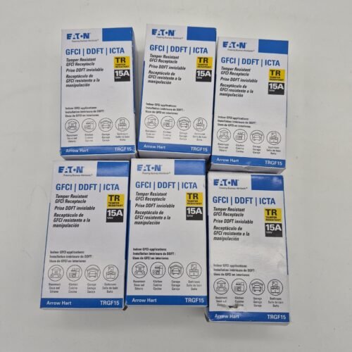 Lot of 6 Eaton Arrow Hart TRGF15W GFCI receptacles, 15A, 125V, in white — main image