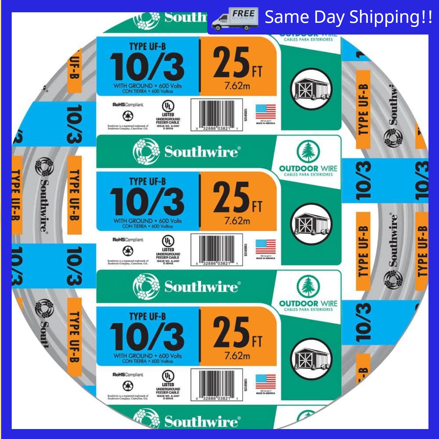 Image of the Southwire 25 ft. 10/3 Gray Solid CU UF-B W/G Cable by Southwire, SKU: 2170-25ft-10/3Gray