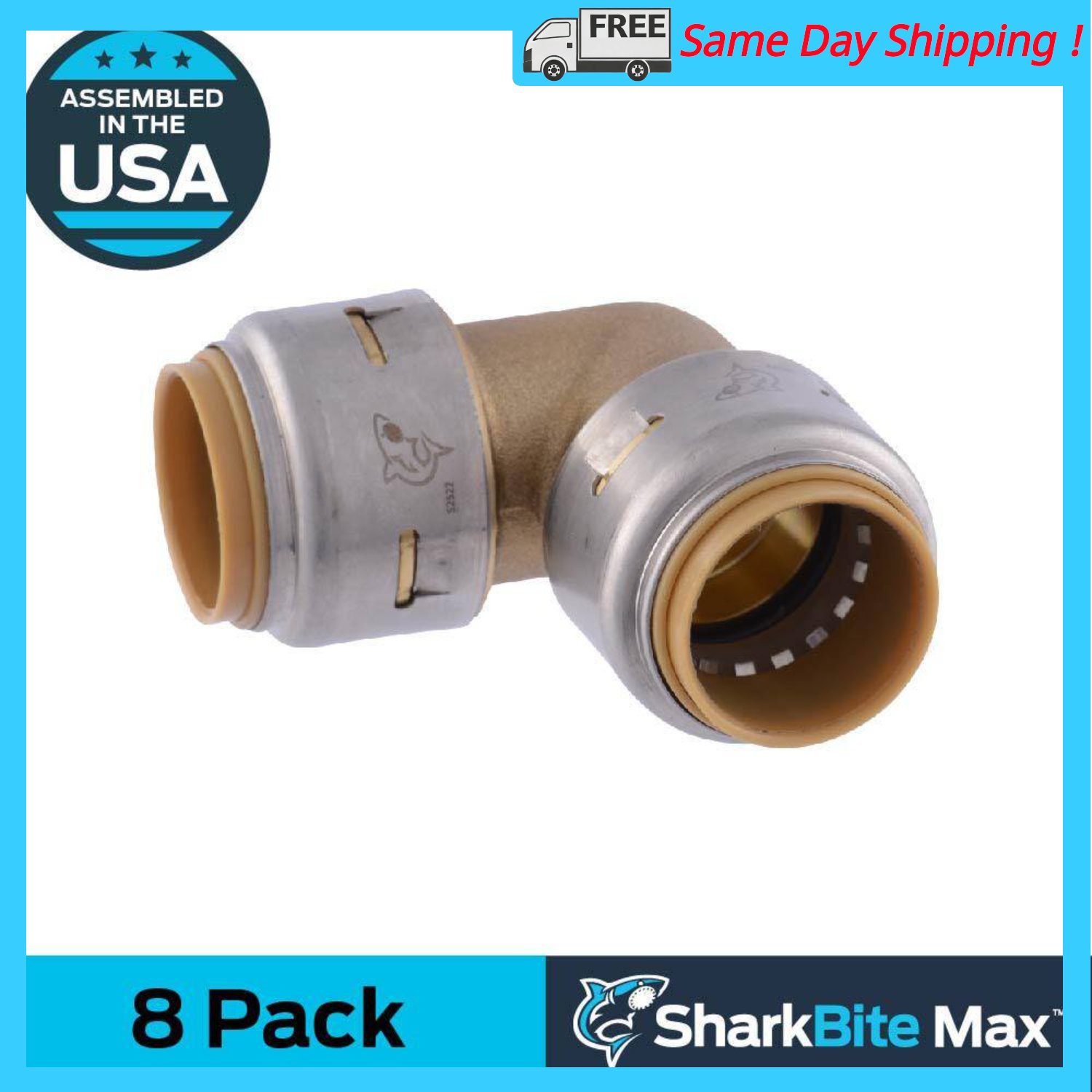 Image of the ShrakBite Max 3/4 in. Push-to-Connect Brass 90° Elbow Fitting (8-Pack) by SharkBite, SKU: 2260-Cha-34Elbow8p