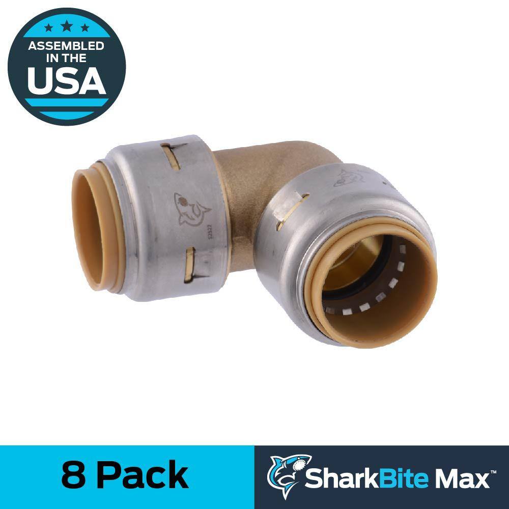 Image of the ShrakBite Max 3/4 in. Push-to-Connect Brass 90° Elbow Fitting (8-Pack) by SharkBite, SKU: 2260-Cha-34Elbow8p