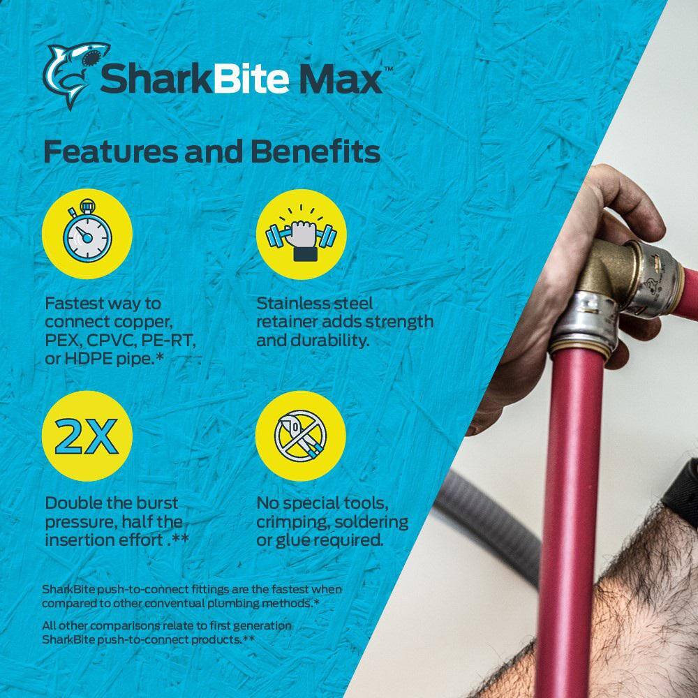 Image of the ShrakBite Max 3/4 in. Push-to-Connect Brass 90° Elbow Fitting (8-Pack) by SharkBite, SKU: 2260-Cha-34Elbow8p