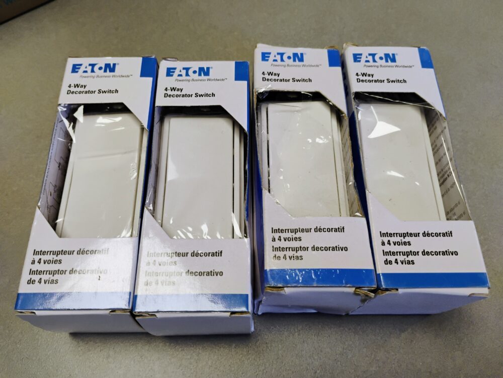 (4) Eaton 15 Amp 4-Way Rocker Decorator Switch, White 7504W