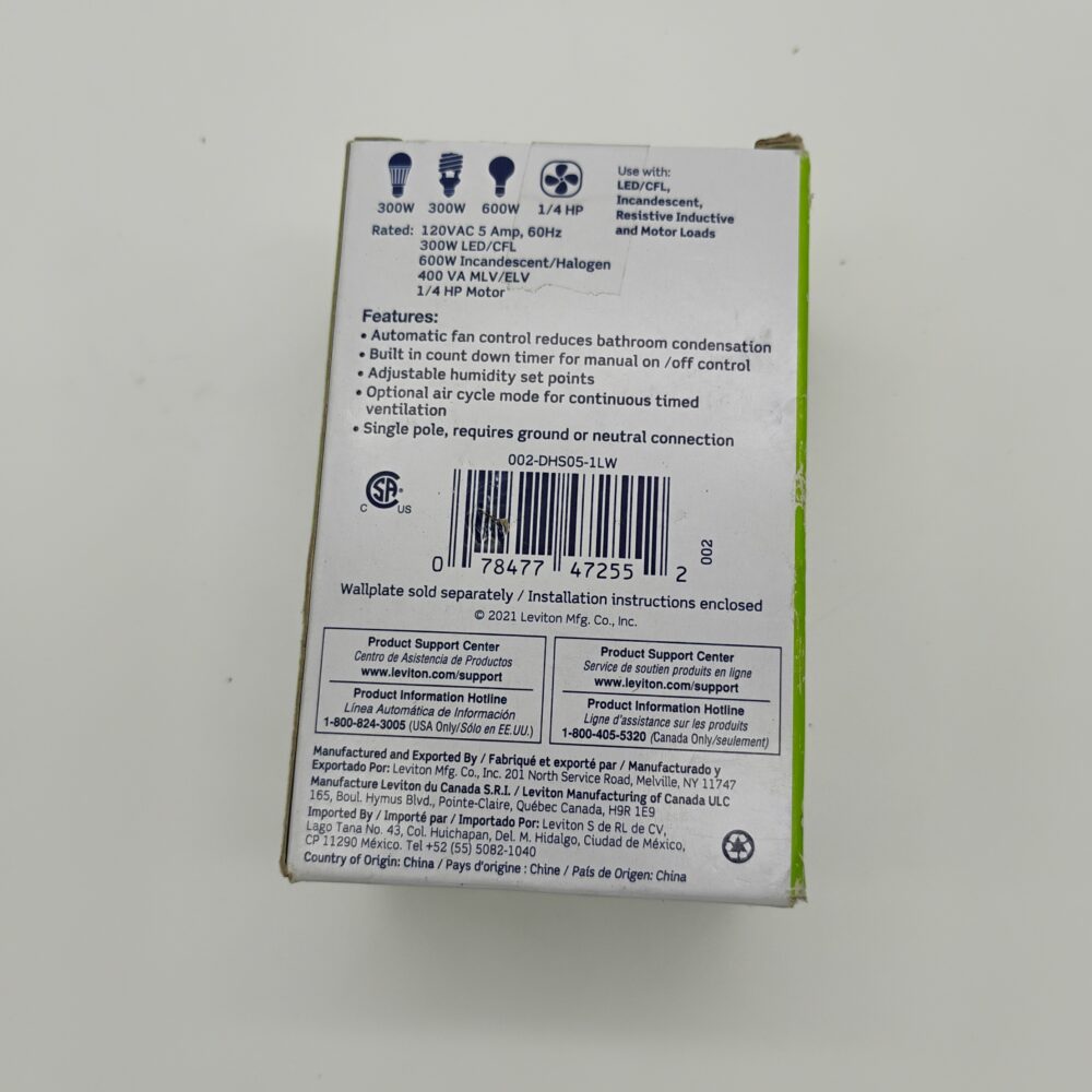 (3) Leviton Decora Combo Humidity & Sensor Fan Control DHS05-1LW Resi White 120V - Image 6