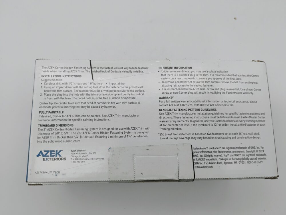 AZEK Cortex Hidden Fasteners Kit Frontier Trim 2¾" 250 LF / 375 screws - Image 4