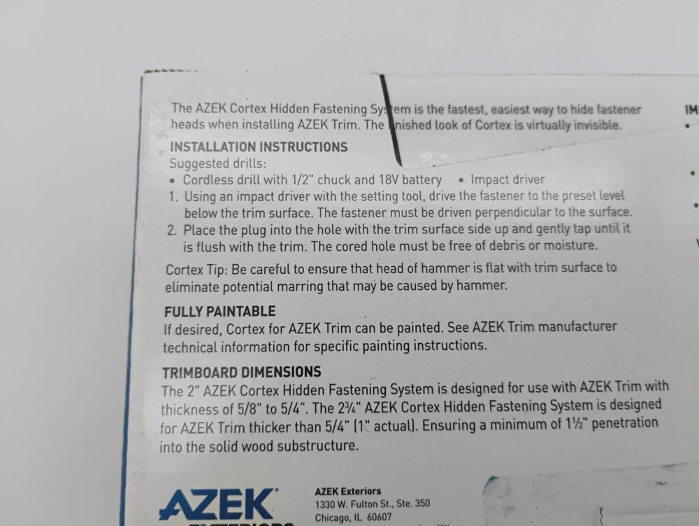 AZEK Cortex Hidden Fasteners Kit Frontier Trim 2¾" 250 LF / 375 screws - Image 5