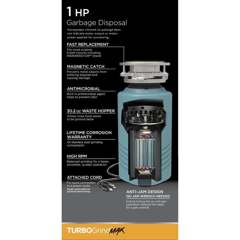 Image of the TurboGrind Max 1 hp. Continuous Feed Garbage Disposal with Power Cord by Glacier Bay, SKU: 2337-TurboGrid-1000
