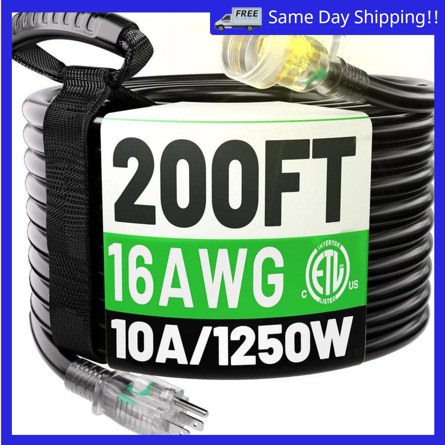 Image of the 200ft 16/3 10 AMP Heavy Duty Outdoor Extension Cord Waterproof Weatherproof Flexible Black by Lukyamzn, SKU: 3424