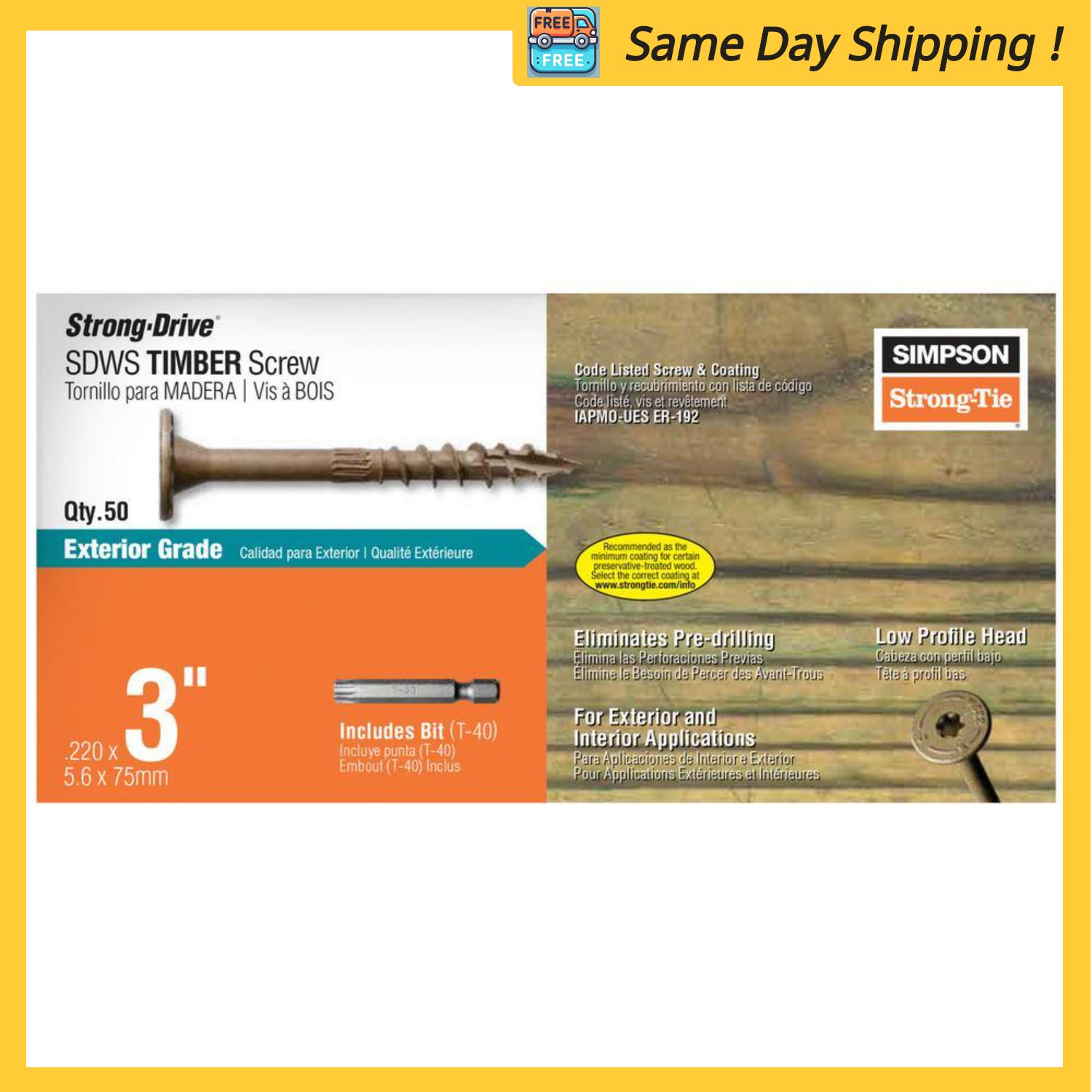 Image of the 0.220 in. x 3 in. T40, Washer Head, Strong-Drive SDWS Timber Screw, Exterior Grade (50-Pack) by Simpson Strong-Tie, SKU: 2530-SDWS22300DB-R50