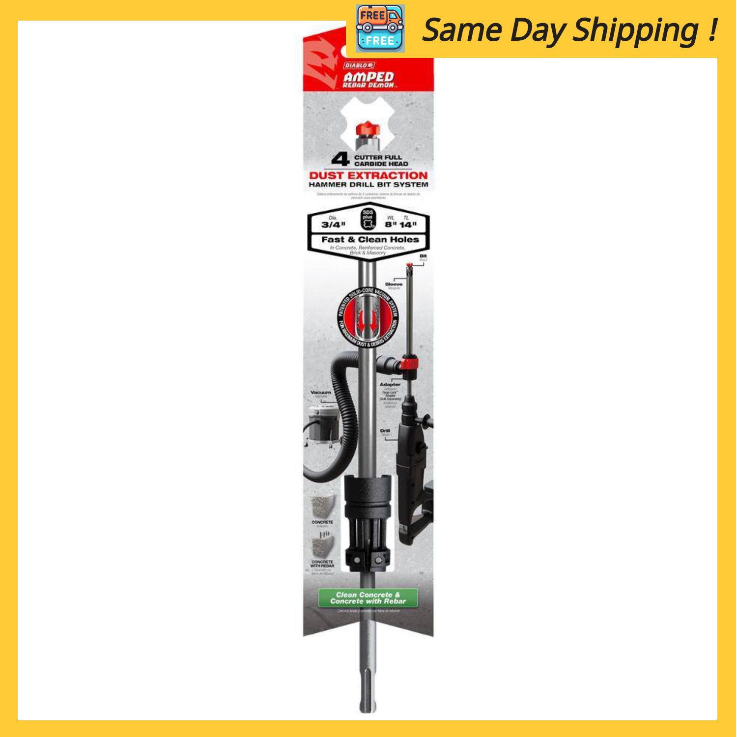 Image of the AMPED Rebar Demon 3/4 in. x 8 in. x 14 in. SDS-Plus 4-Cutter Full Carbide Head Dust Extraction Hammer Drill Bit by DIABLO, SKU: 2108-Diab-3/4-171928