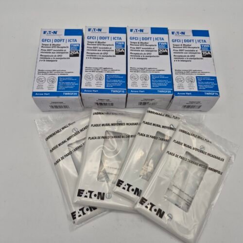 Lot of 4 Eaton Arrow Hart GFCI Receptacles TWR 15A & 20A White with Wall Plates — main image