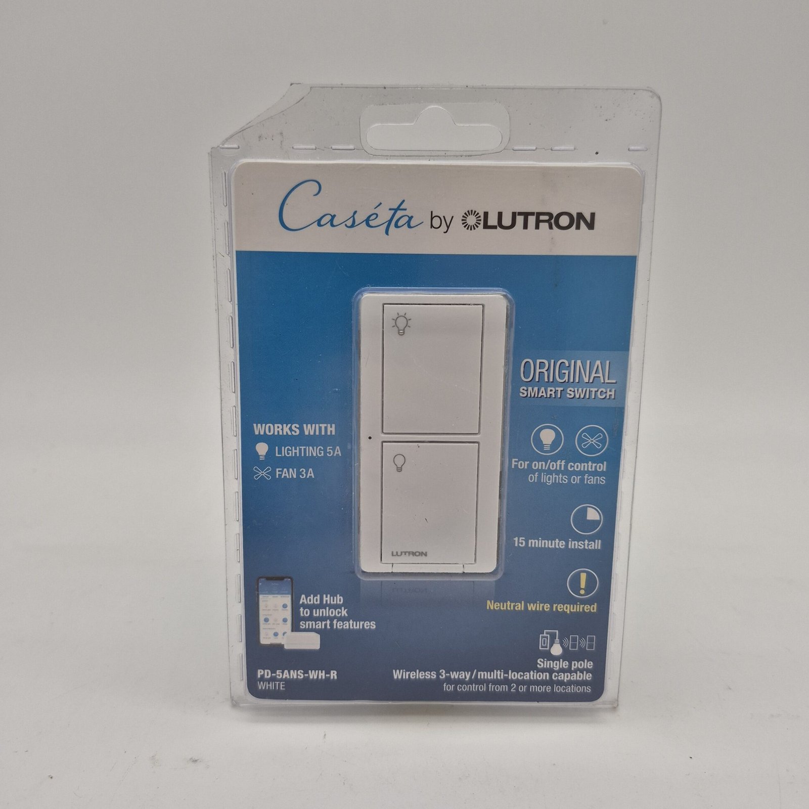 Caseta Smart Switch for All Bulb Types or Fans, 5A, Neutral Wire Required, White (PD-5ANS-WH-R)