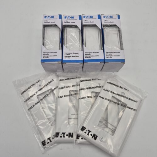 (4) Eaton 15 Amp 4-Way Rocker Decorator Switch, White 7504W w/ Wall Plates — main image