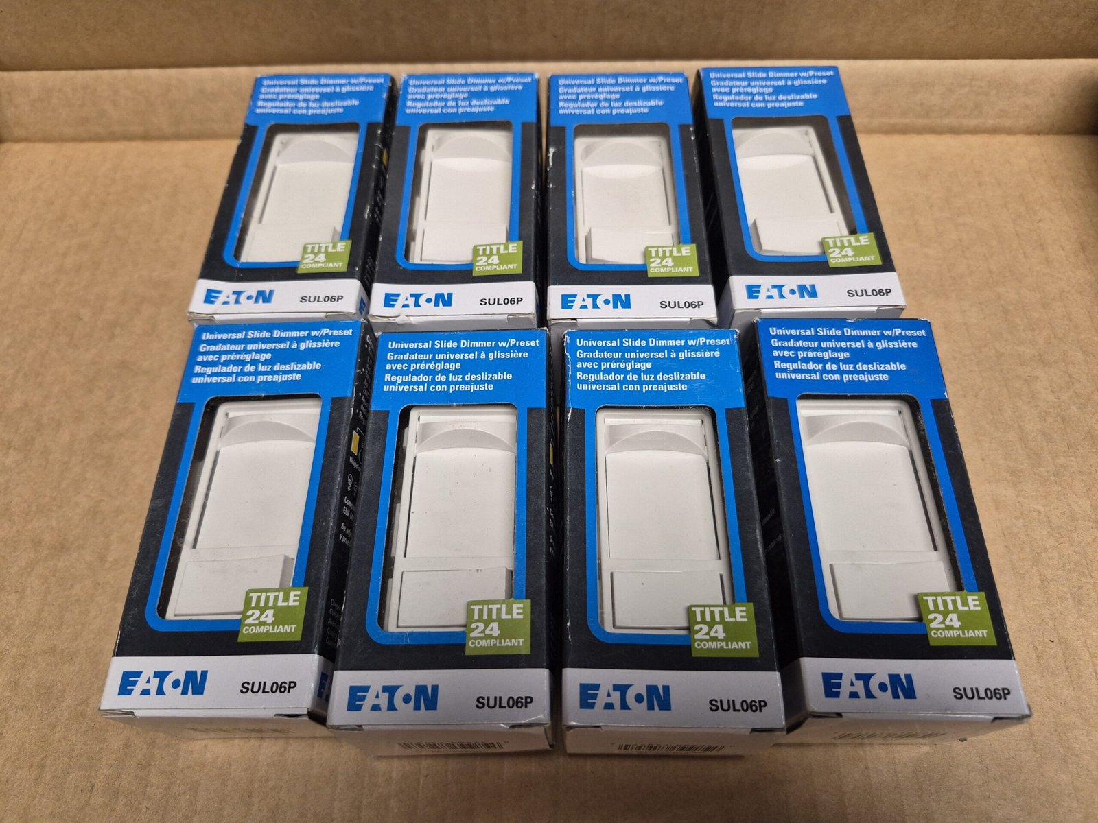 Lot of 8 Eaton SUL06P-W 1-Pole 3-Way Slide Dimmer with Preset — main image