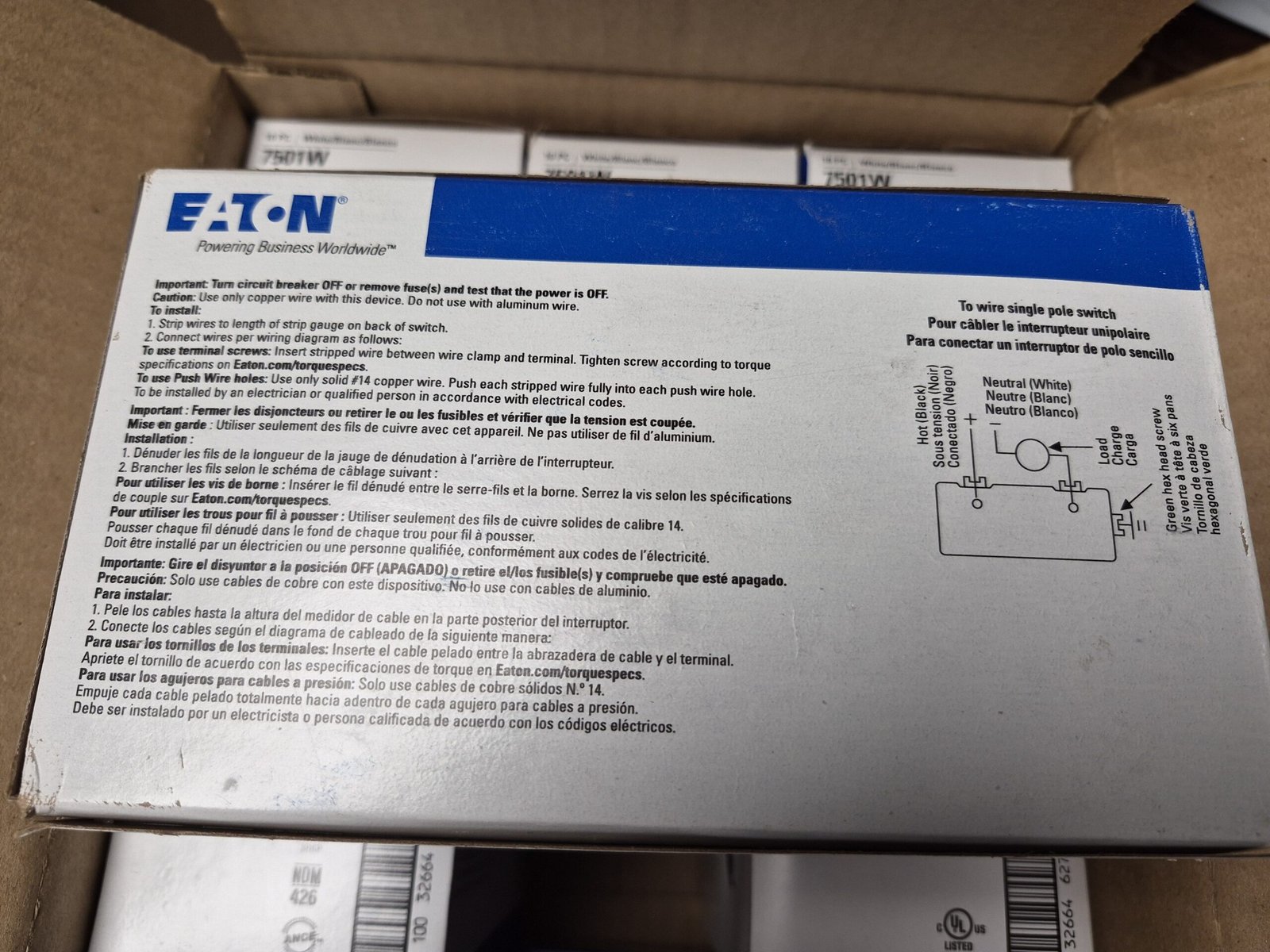 Lot 84 Eaton White Decorator: (70) 7501W Switches & (14) TR1107W TR Outlets — image 4 of 11