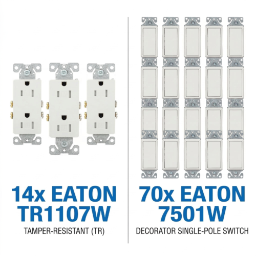 Lot 84 Eaton White Decorator: (70) 7501W Switches & (14) TR1107W TR Outlets — main image