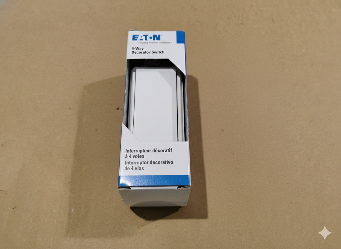 (4) Eaton 15 Amp 4-Way Rocker Decorator Switch, White 7504W w/ Wall Plates — image 3 of 4