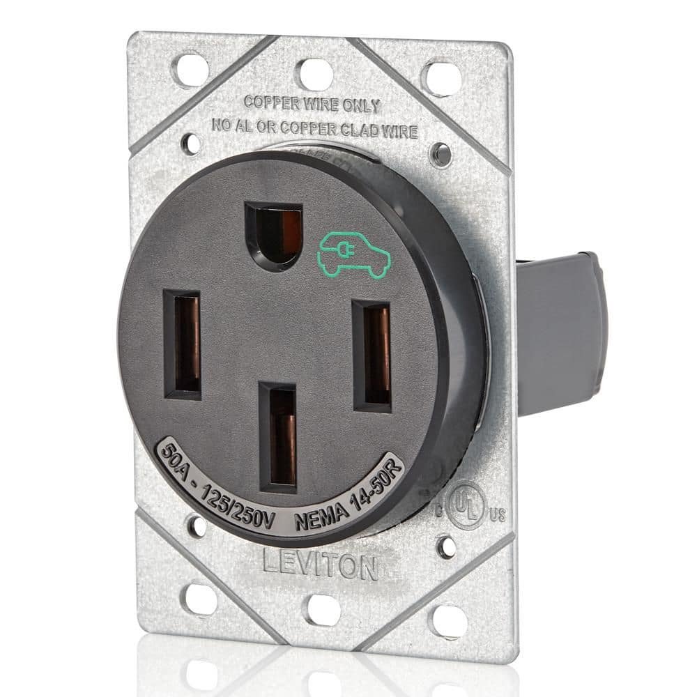 Leviton 50 Amp 125/250 Volt EV Power Outlet/Receptacle, NEMA 14-50R, Black 1450R (1-Pack) R10-1450R-0B0 — image 3 of 8