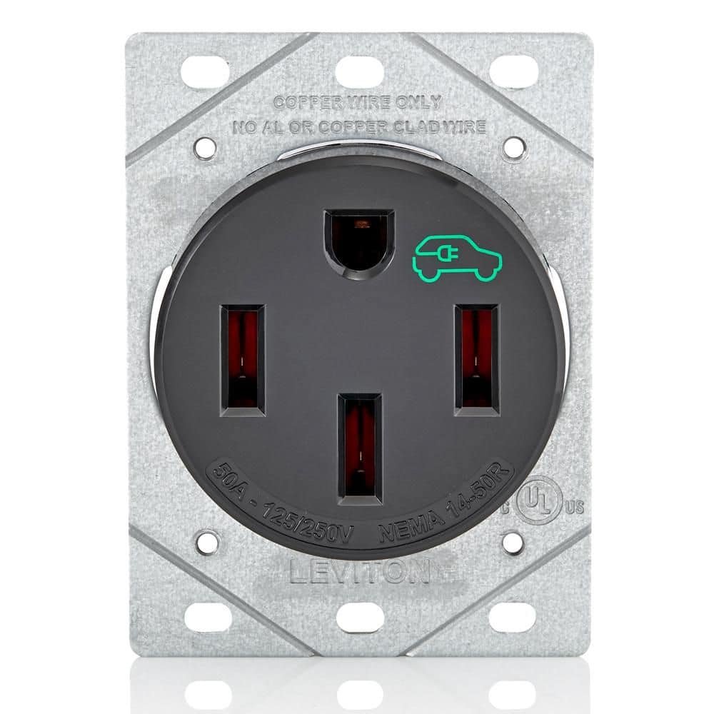 Leviton 50 Amp 125/250 Volt EV Power Outlet/Receptacle, NEMA 14-50R, Black 1450R (1-Pack) R10-1450R-0B0 — image 2 of 8
