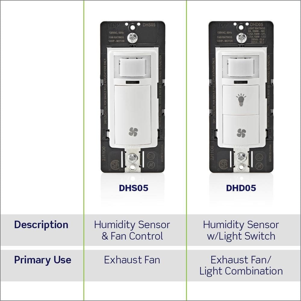 Leviton Decora In-Wall Humidity Sensor for Bathroom Exhaust Fan Control Switch, 1/4 HP, Residential Grade, Single Pole, White R02-DHS05-1LM — image 13 of 15