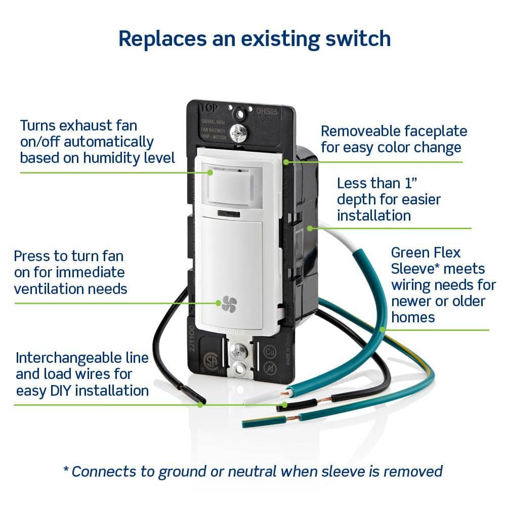 Leviton Decora In-Wall Humidity Sensor for Bathroom Exhaust Fan Control Switch, 1/4 HP, Residential Grade, Single Pole, White R02-DHS05-1LM — image 7 of 15