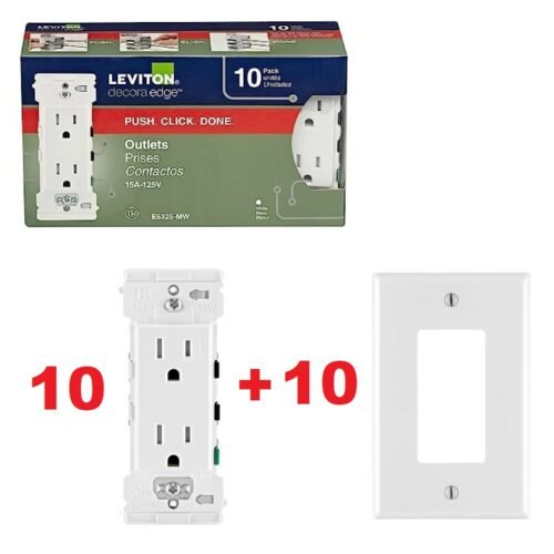 Leviton Decora Lever Edge 15A TR Outlet White E5325-MW 10-Pack w/ 10 Wall Plates — main image