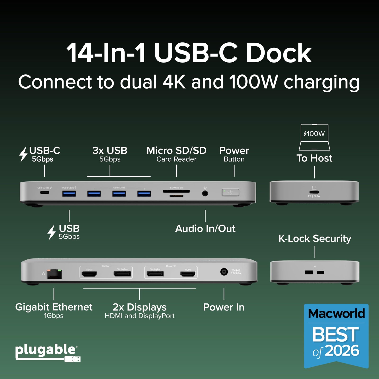 Plugable USB C Laptop Docking Station, Dual Monitor 4K 60Hz for Apple Mac M1/M2/M3/M4/M5,Neo 2X HDMI or DisplayPort for MacBook, 100W Charging DisplayLink Dock, Driver Install Required (UD-6950PDH) — image 2 of 10