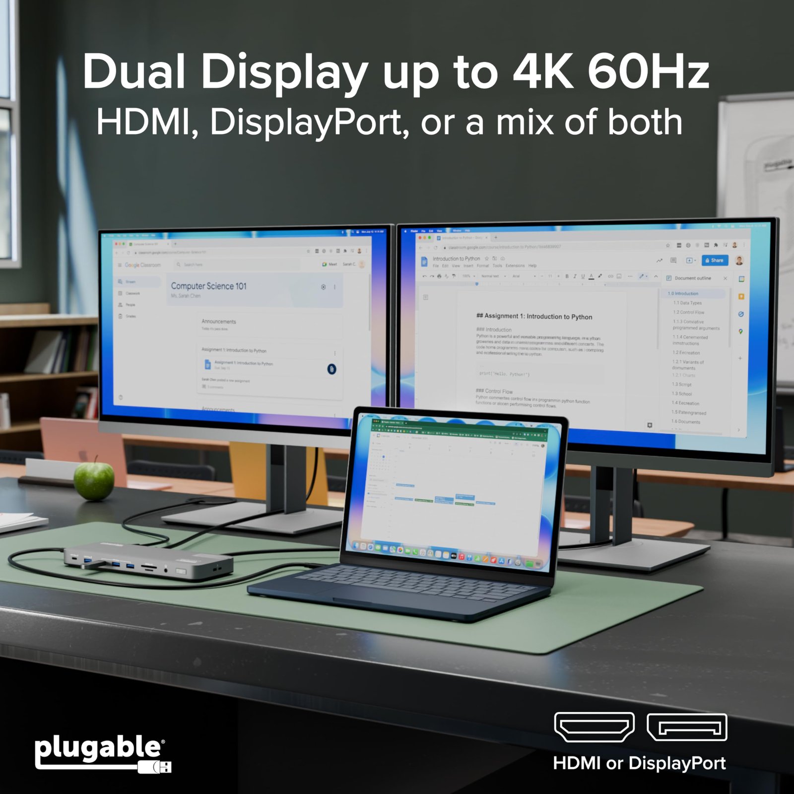 Plugable USB C Laptop Docking Station, Dual Monitor 4K 60Hz for Apple Mac M1/M2/M3/M4/M5,Neo 2X HDMI or DisplayPort for MacBook, 100W Charging DisplayLink Dock, Driver Install Required (UD-6950PDH) — image 4 of 10