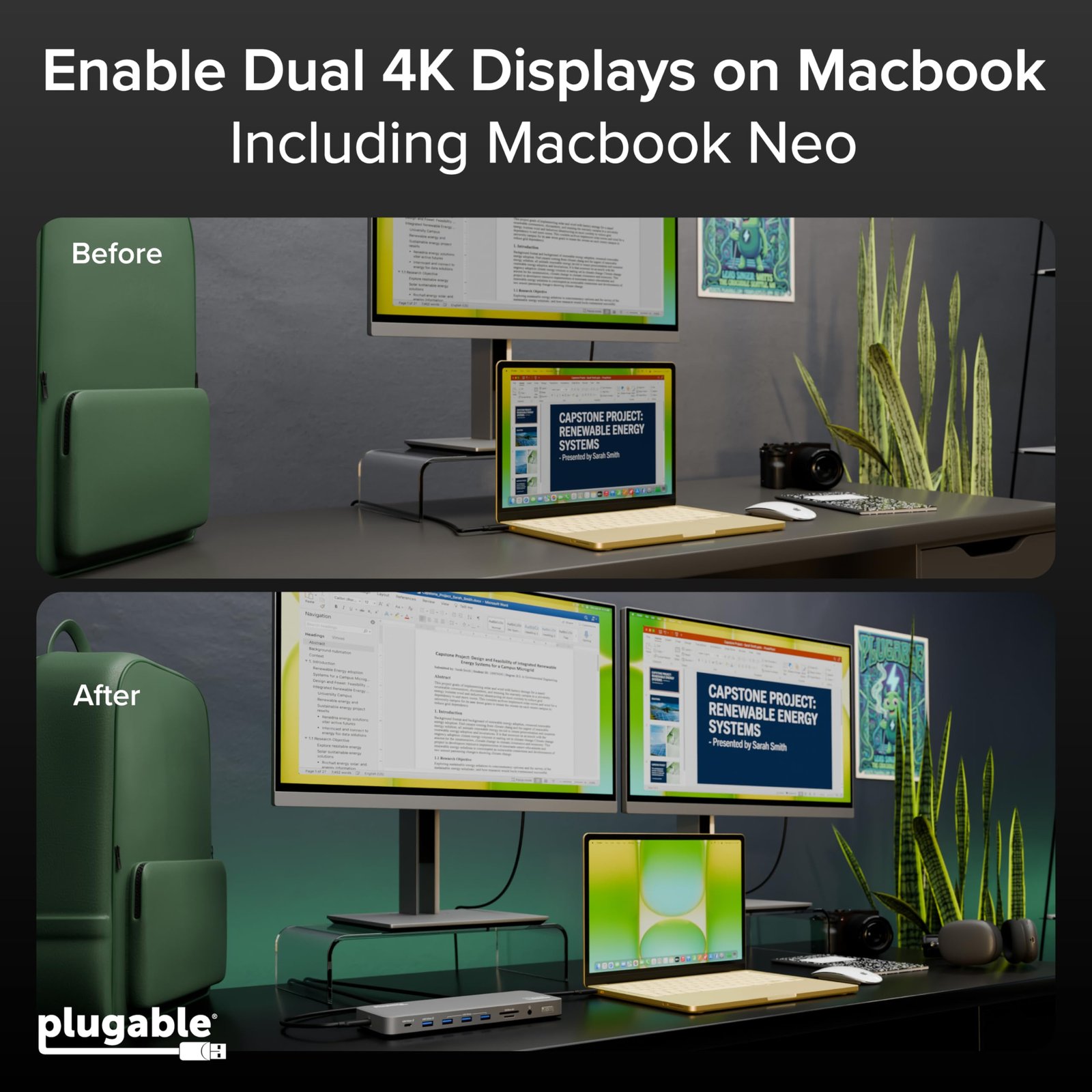 Plugable USB C Laptop Docking Station, Dual Monitor 4K 60Hz for Apple Mac M1/M2/M3/M4/M5,Neo 2X HDMI or DisplayPort for MacBook, 100W Charging DisplayLink Dock, Driver Install Required (UD-6950PDH) — image 3 of 10