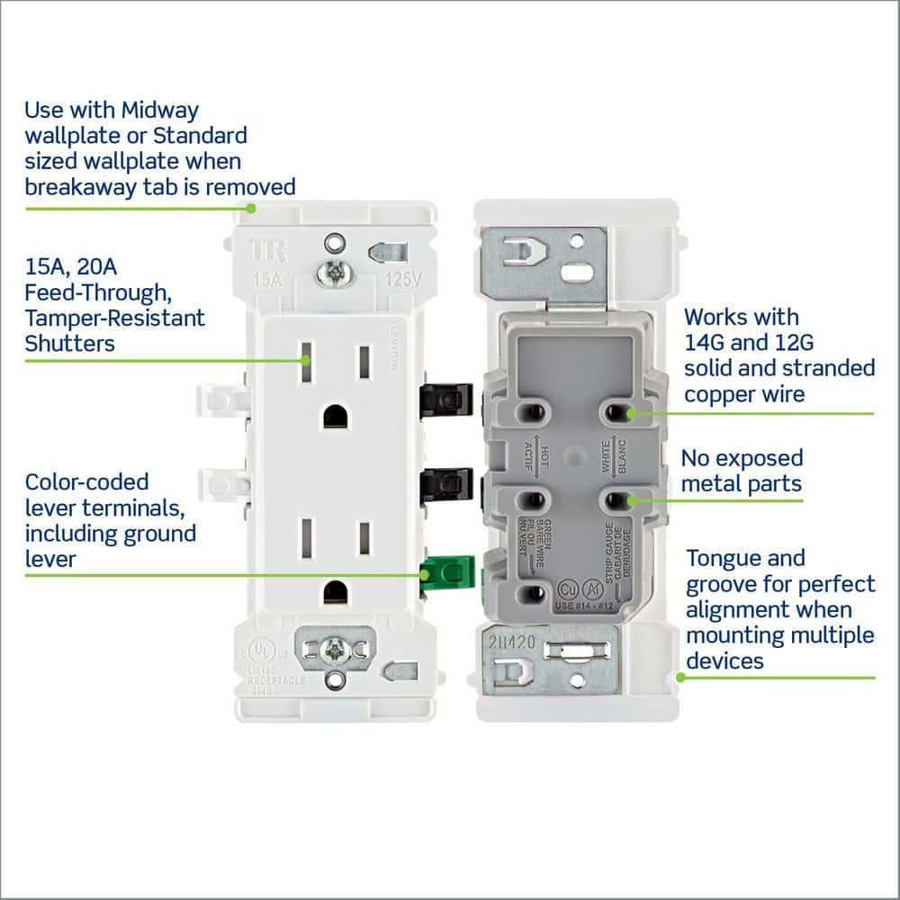 Leviton Decora Lever Edge 15A Tamper Resistant Outlet, White (10-Pack) E5325-MW New — image 4 of 8