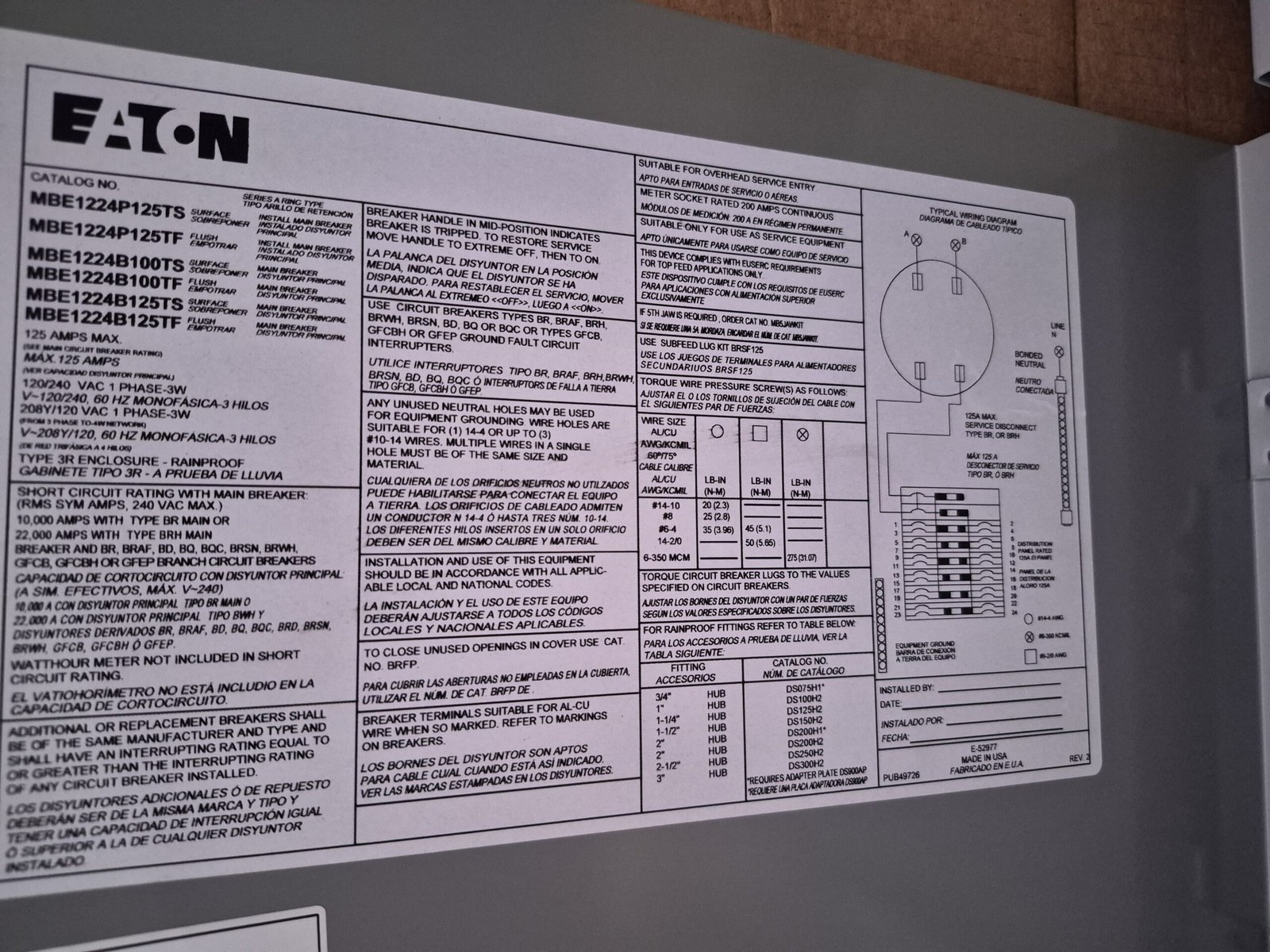 Eaton 100A 12-Space 24-Circuit EUSERC Surface Main Breaker Meter Panel — image 11 of 13