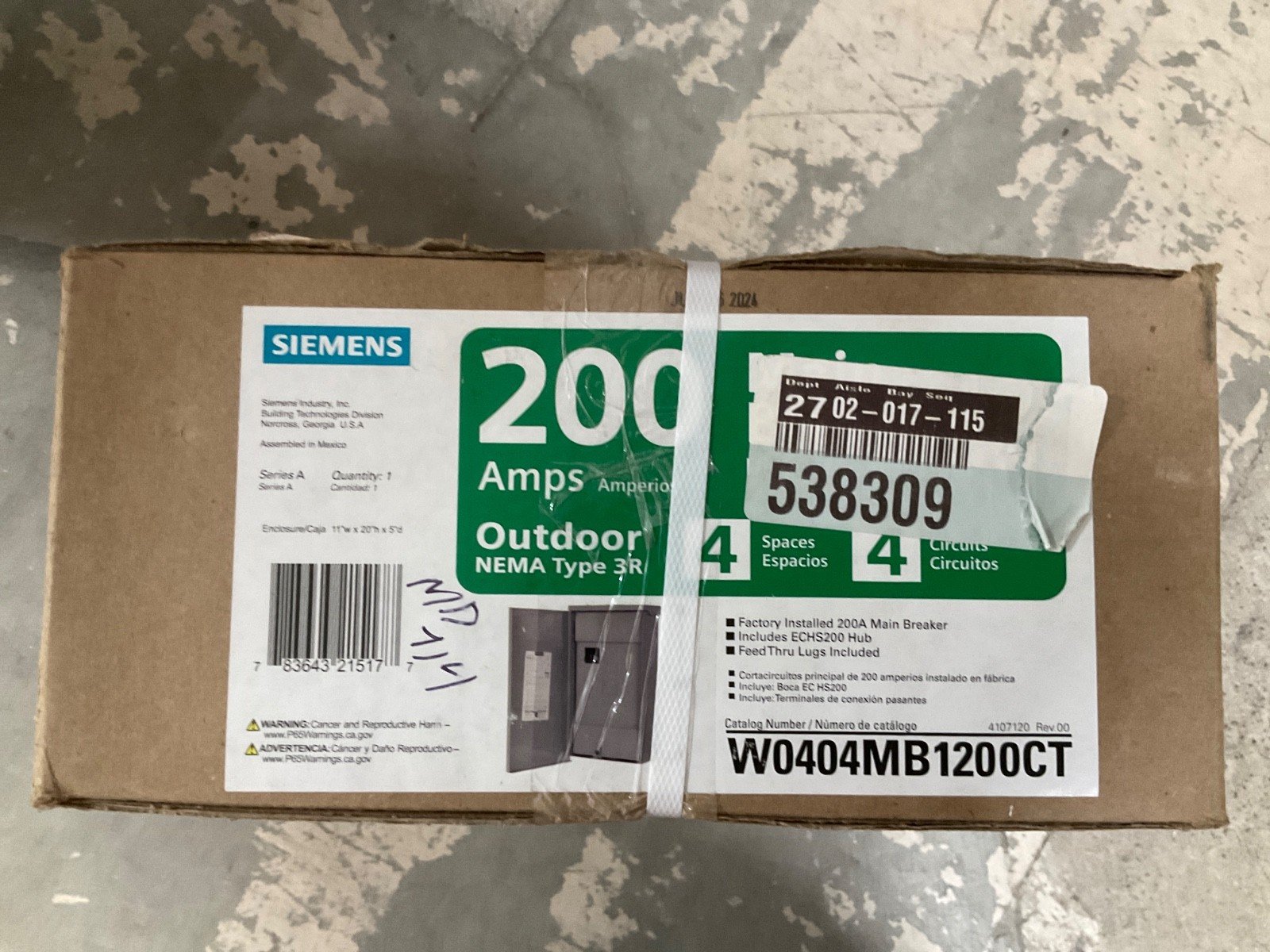 Siemens W0404MB1200CT MB Load Center 1PH 200A 120/240VAC 4Pole Nema 3R 4SP 4CIR — image 2 of 3