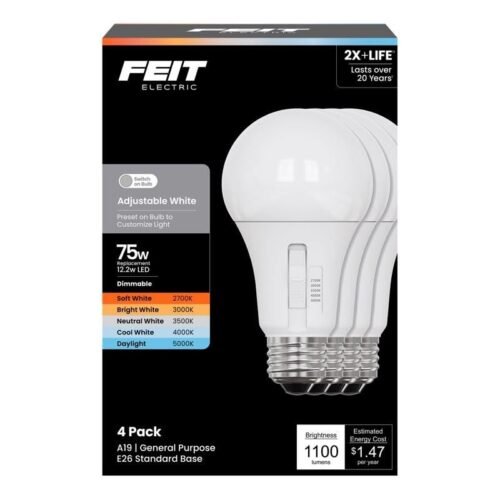 Feit A19 E26 (Medium) LED Bulb Adjustable White 75 Watt Equivalence 4 pk — main image